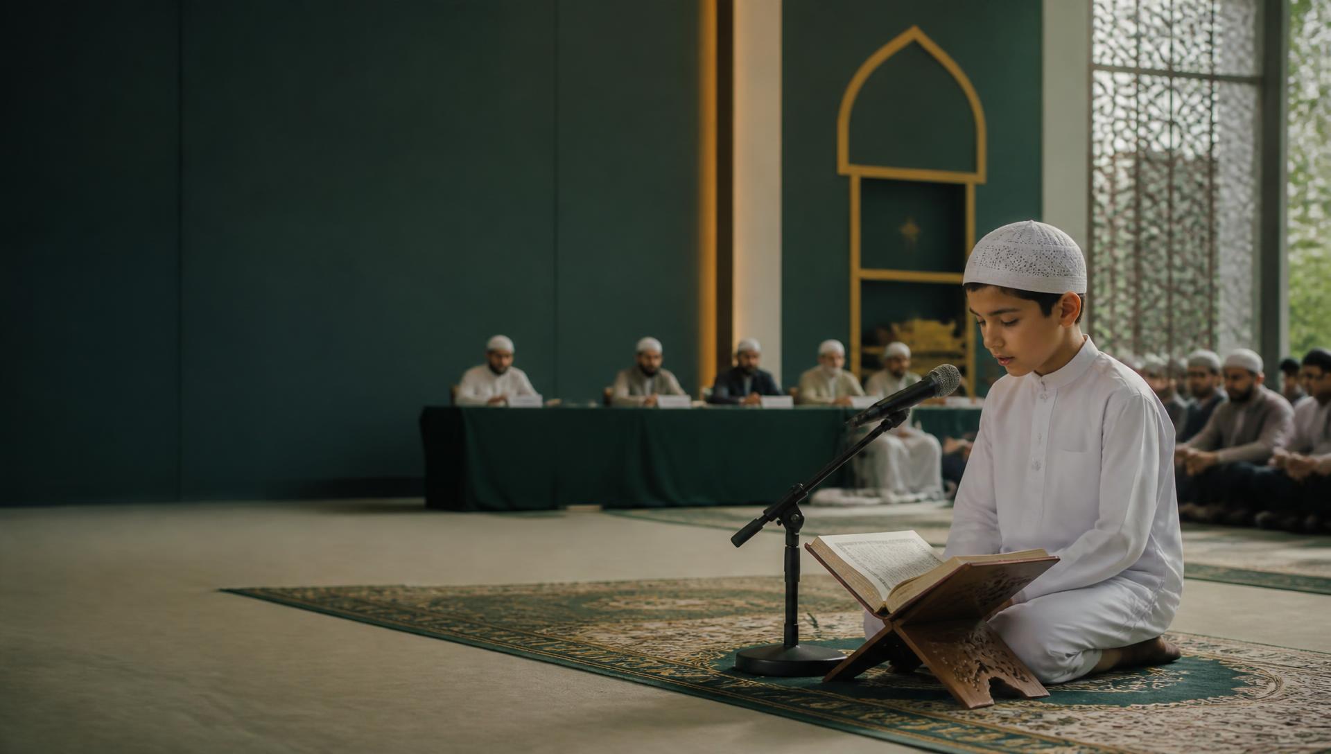 A young participant reciting the Quran before a competition judging panel